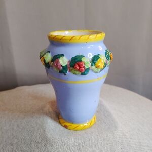Hand-Painted Italian Pottery Cachepot/Vase Cornflower Blue w/Purple Yellow Motif